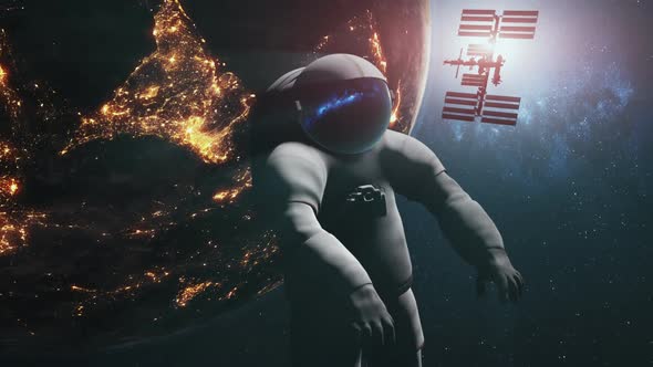 Flight of Distant Cosmonaut and ISS Over Earth alt