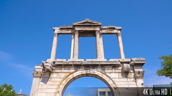 4K Camera tilt down and away from Hadrian's Gate in Athens, Greece