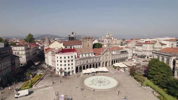 Aerial view over Historic Braga downtown square, ancient buildings - Portugal