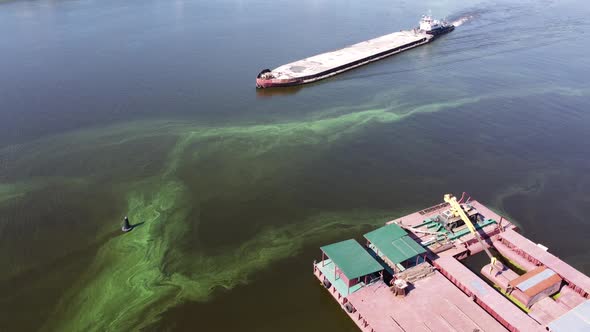 A Dry Cargo Ship Pushes an Empty Barge Down the Dnieper River