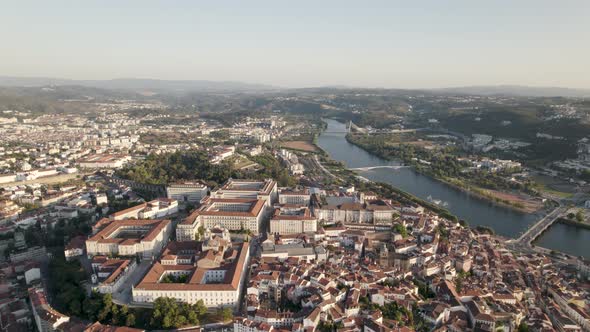 Aerial Panorama view, Coimbra Cityscape with Mondego River Bridges - Portugal