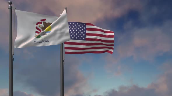 Illinois State Flag Waving Along With The National Flag Of The USA - 4K