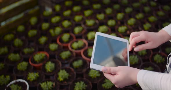 Female Botanist Using Digital Tablet While Examining Plants at Grenhouse
