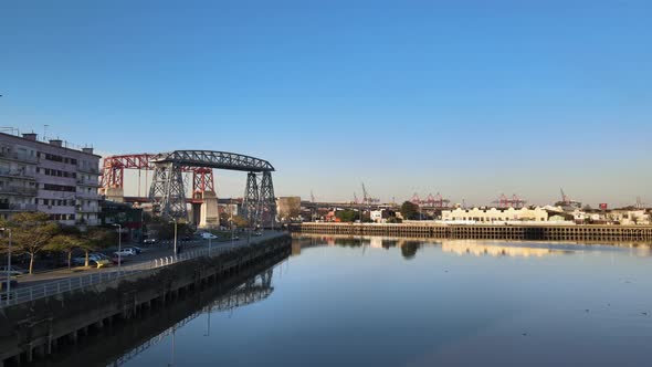 4K Aerial Drone Footage of Historic Transporter Bridge Known as Puente Transbordador in Buenos Aires