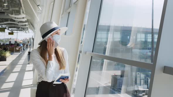 Young Woman in a Protective Face Mask Standing in the Airport Hall By the Window