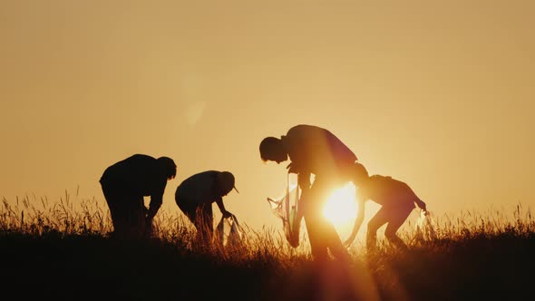 A Group of People Cleans Up Household Garbage on a Glade in a Picturesque Place.