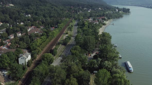 High altitude areial footage from one of the small shore of river Danube and its countryside environ