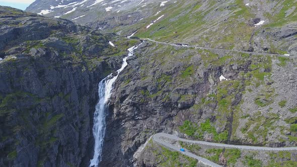 Aerial View of Stigfossen Waterfall on Trollstigen Road, Norway