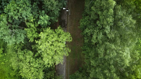 Aerial view flying over old patched two lane forest road with car moving green trees of dense woods 