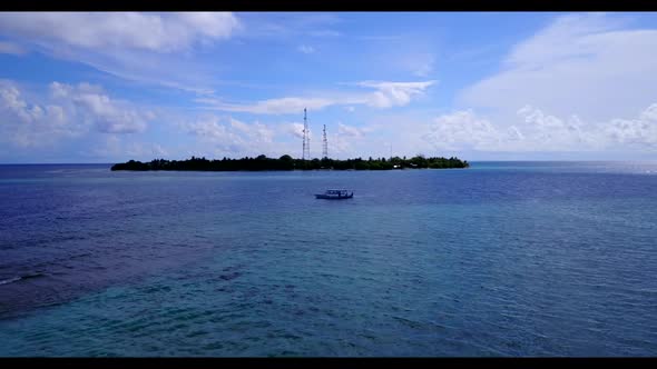 Aerial flying over abstract of tranquil bay beach vacation by transparent ocean and white sand backg