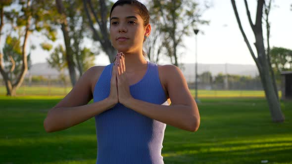 A beautiful young hispanic woman yogi meditating in a one legged prayer hands pose in the park at su