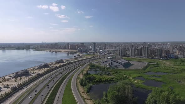 Aerial Waterside View of Kazan, Russia. City Buildings and Highway