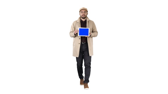 Attractive Man Holding Tablet with Blue Key Screen Mockup