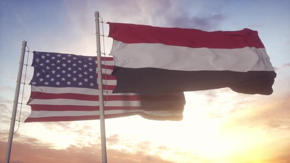 Yemen and United States Flag on Flagpole