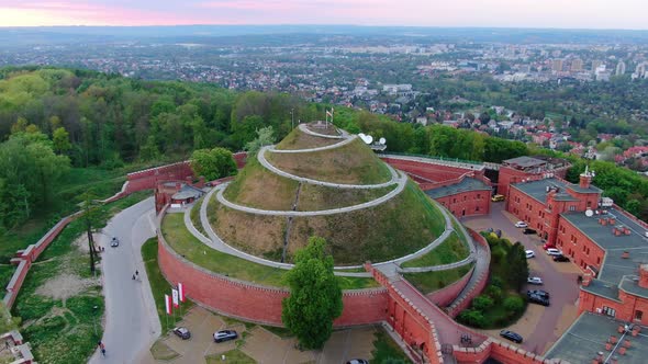 Aerial view of Kosciuszko Mound (Kopiec Kosciuszki) in Cracow, Krakow, Poland