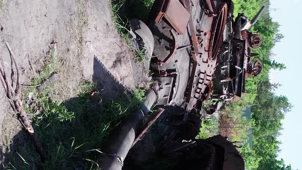 Vertical Video of a War in Ukraine  Destroyed Military Hardware