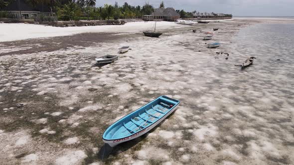 Aerial View of Low Tide in the Ocean Near the Coast of Zanzibar Tanzania Slow Motion