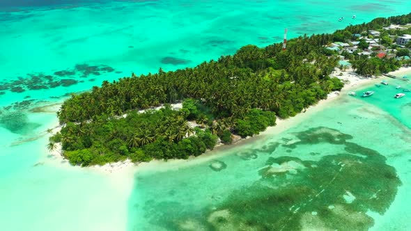 Aerial tourism of paradise shore beach break by blue sea and bright sandy background of a picnic nea