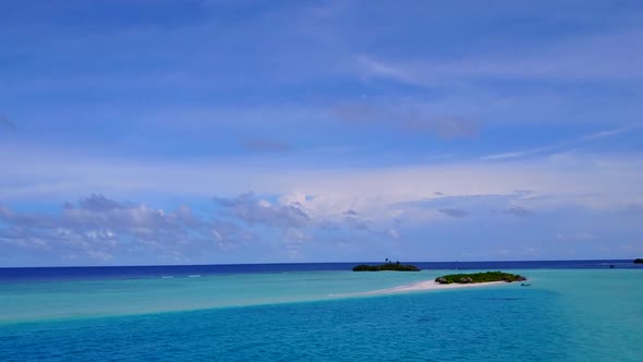 Aerial drone seascape of exotic coast beach journey by blue water and sand background