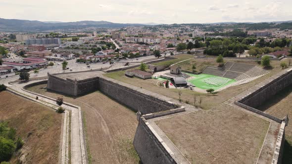 Stage for indoor events defensive walls of Chaves fortress in Portugal. Aerial approach