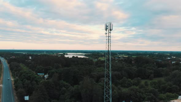 Tower with 5g Antennas in Countryside. Telecommunication Concept. Parallax Shot