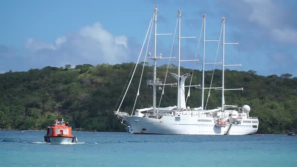 The exterior of a sailing cruise ship in French Polynesia.