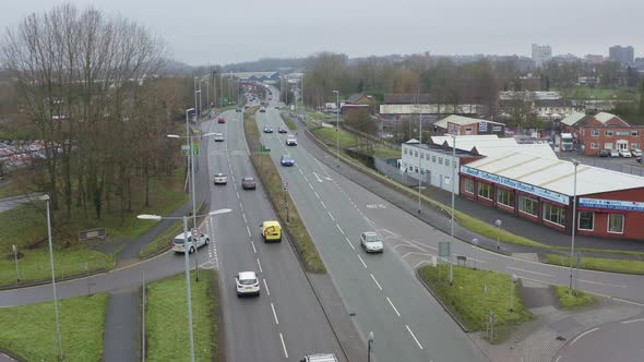 Aerial views of traffic, commuters on the A53 dual carriageway that leads to Etruria road in Hanley