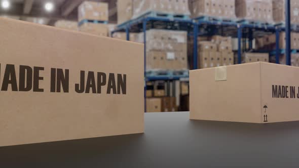 Boxes with MADE IN JAPAN Text on Conveyor