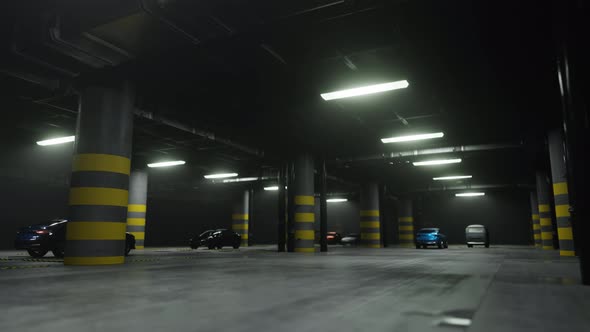 Moving in Underground Parking Interior with Cars alt