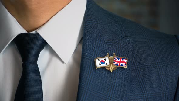Businessman Friend Flags Pin South Korea Great Britain