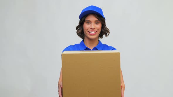 Happy Delivery Girl with Parcel Box in Blue