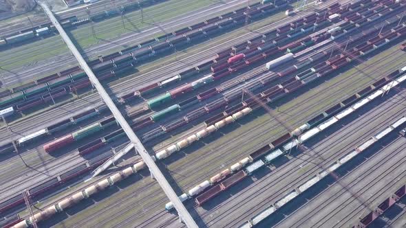 Aerial View of Railway Sorting Station and A Lot of Wagons at a Railway