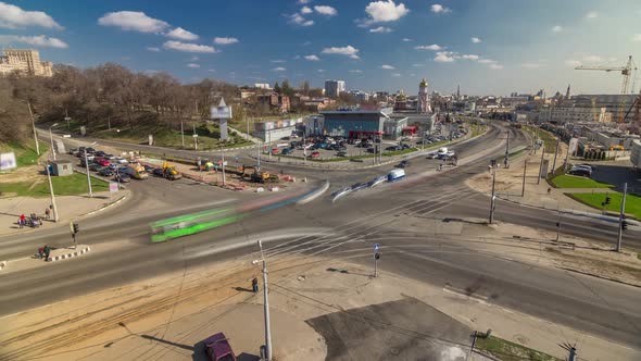 Traffic on the Streets Intersection of the City Aerial Timelapse in Kharkov Ukraine