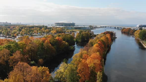 Aerial View of the Autumn Park and the Zenit Arena Sports Stadium in St