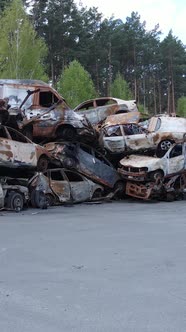 Vertical Video of Destroyed and Shot Cars in the City of Irpin Ukraine  the Consequences of the War