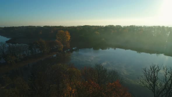 Foggy Sunrise Over Park Alley By the Lake