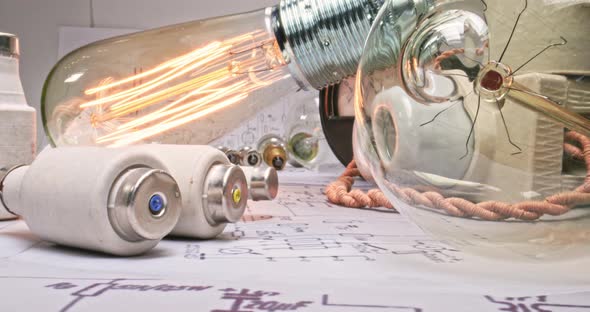 Light bulb, cables on diagrams. Low voltage edison bulb.