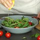Female Hands Squeeze Lemon Juice Into Green Salad of Tomatoes and Fresh Lettuce Leaves - VideoHive Item for Sale