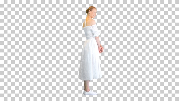 Beautiful Woman in White Dress posing to camera, Alpha Channel