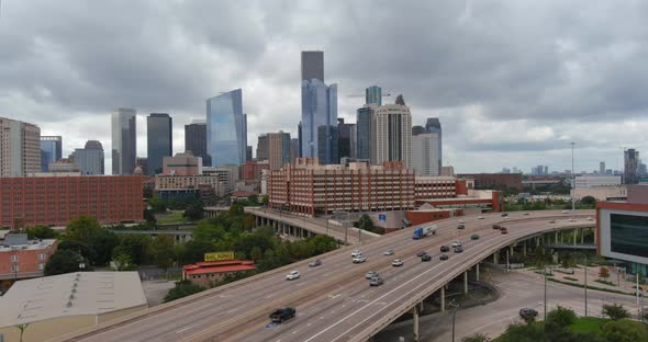 Establishing aerial shot of downtown Houston cityscape