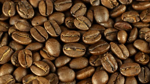 Rotation close-up of coffee beans 360. Golden selected aromatic beans rotates