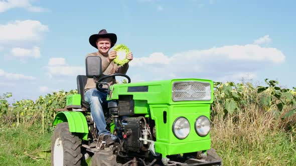 Male Agronomist Near a Sunflower Plantation He is Sitting in a Tractor and Having Fun Funny Man