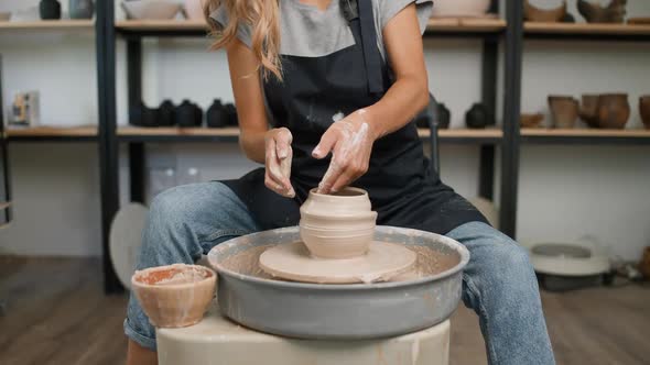 Pottery Workshop Oung Female Potter Makes a Pitcher Out of Clay Handicraft Production of Handmade