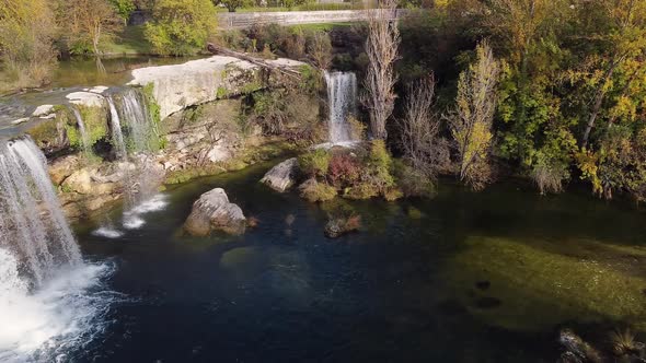 Aerial View of a Scenic Waterfall in Pedrosa De Tobalina, Burgos, Spain.