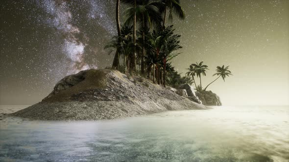 Beautiful Fantasy Tropical Beach with Milky Way Star in Night Skies