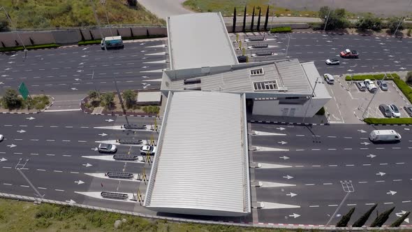 Toll road turnpike payment collection section, Aerial view.