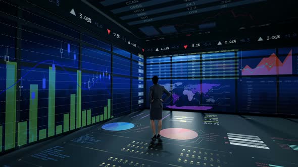 Rearview of businesswoman looking at digital animation of glowing graph interface