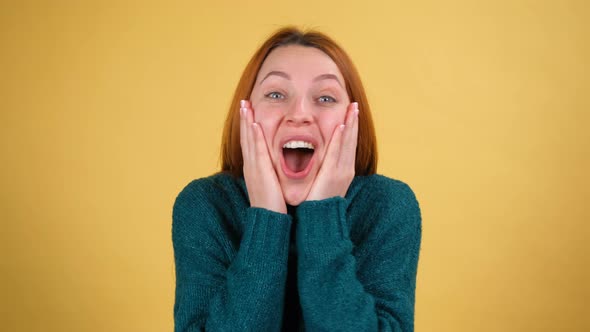 Young Red Hair Woman Posing Isolated on Yellow Color Background Studio