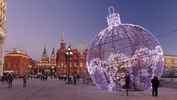 Christmas Installation on Manezhnaya Square, Historical Museum and Kremlin Towers Timelapse