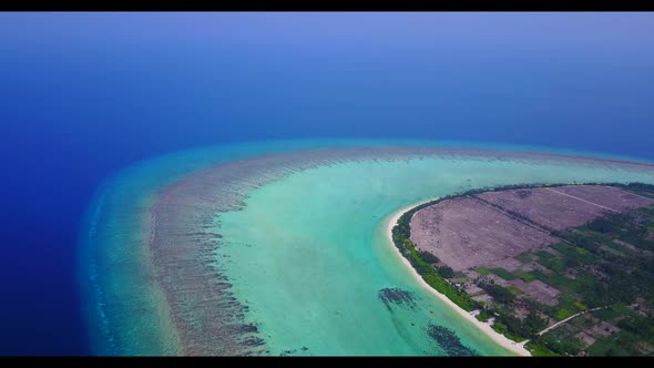 Aerial above nature of tropical resort beach journey by clear ocean with white sandy background of j